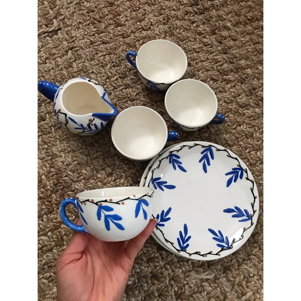 Vintage Hand Painted‎ Tea Set Blue White Creamer 4 Cups Saucers Floral Pottery